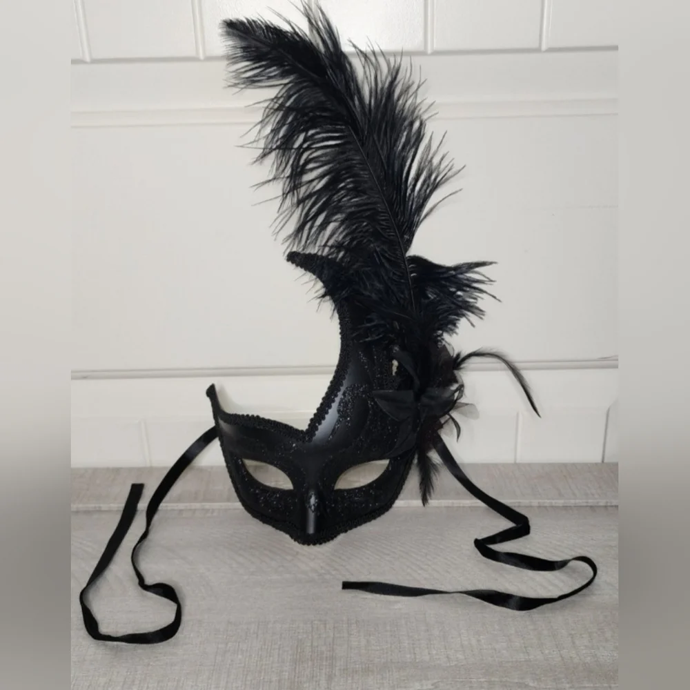Black Glitter Masquerade Mask with Feathers Venetian Style Carnival/Mardi Gras